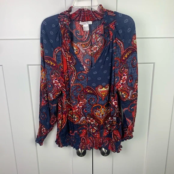 Venus Peasant Boho L Blouse Smocked Top Paisley Colorful Western Americana - Picture 5 of 10